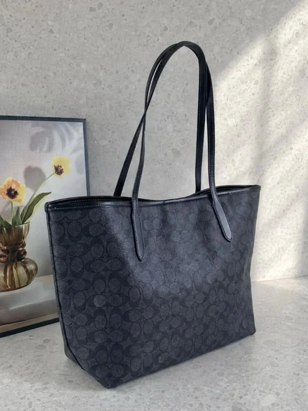 COACH Black Signature Canvas Tote with Moon & Cat Motif